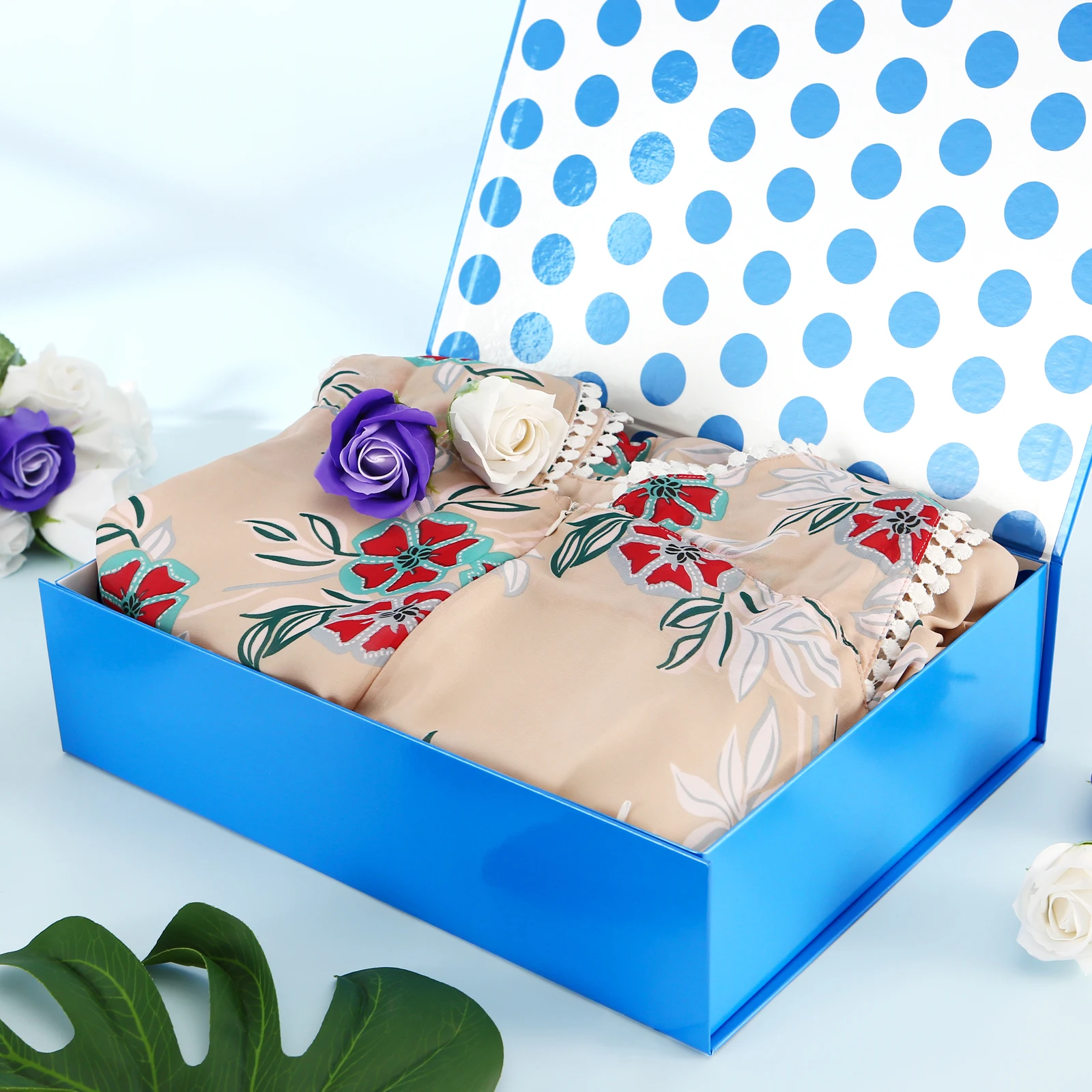 Large Blue Gift Box with Lid for Presents, Magnetic Gift Box for Clothes, Shirt Gift Box Glossy Metallic Blue, Dot Design Inside