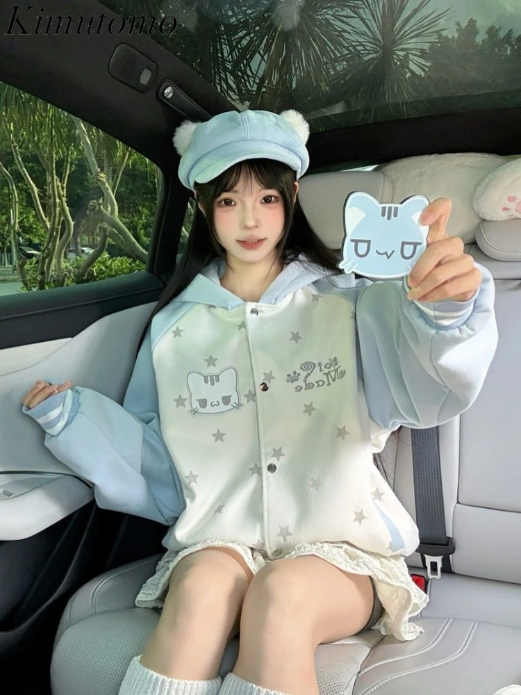 

Kimutomo Women Hoodies Cartoon Car Sweet Funny Autumn Winter Loose Outwear Baseball Jackets Y2k Harajuku Sweatshirt Ladies