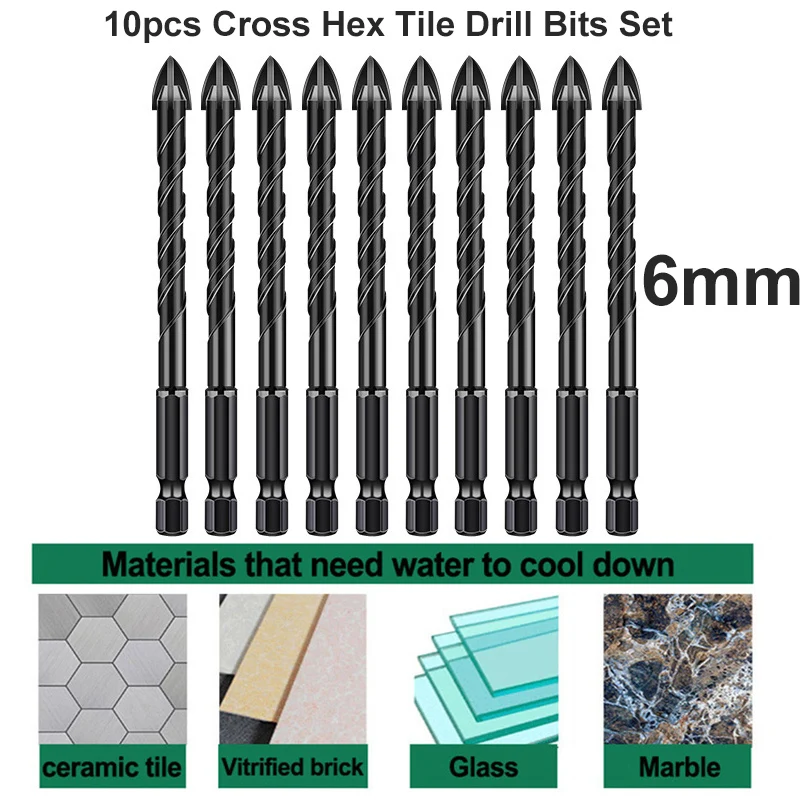 

10pcs Cross Hex Tile Drill Bits Set Masonry Drilling Bit Hex Shank 6mm Titanium Steel Metal Cross Drilling Bits Hole Opener Tool