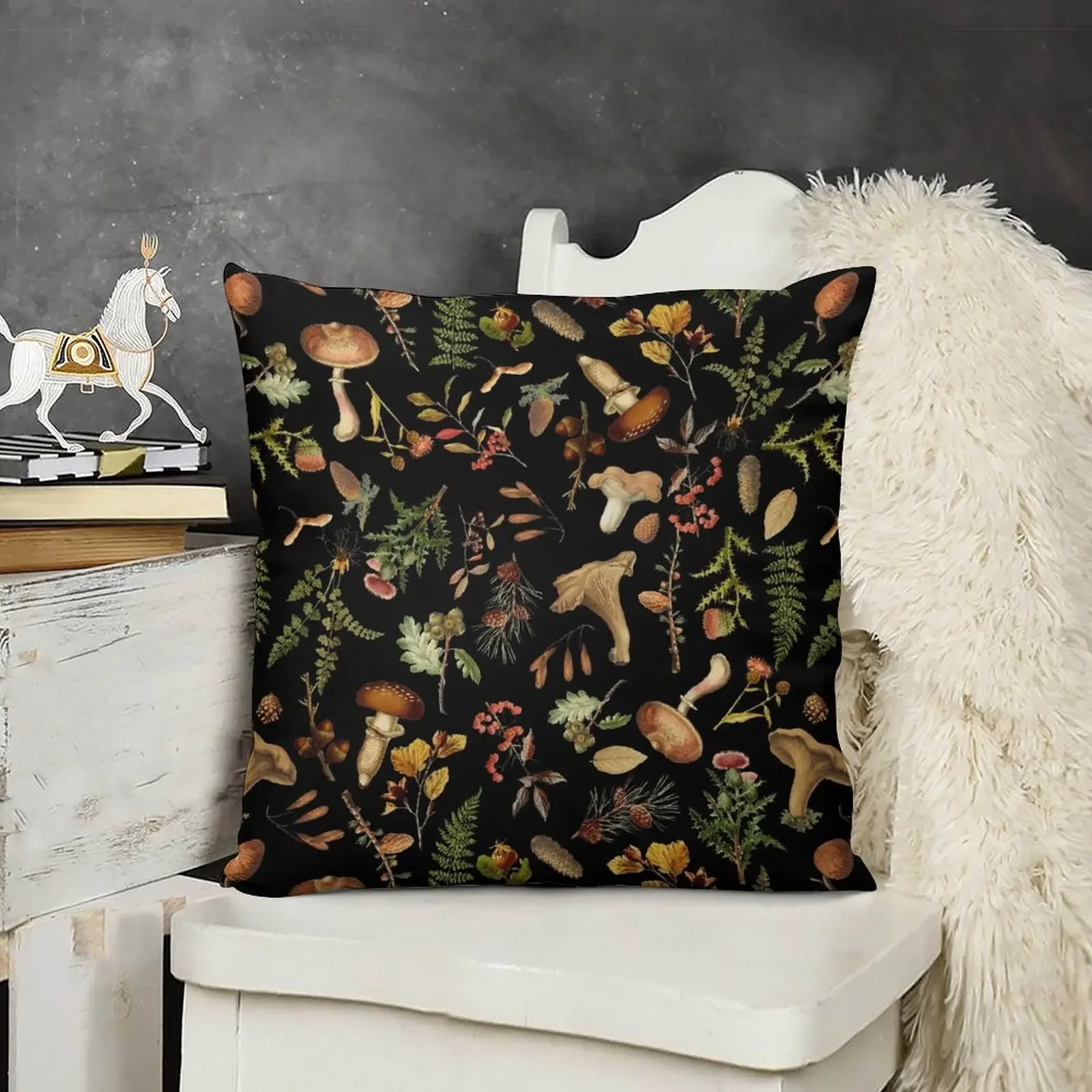 

Vintage Mushrooms Woodland Pattern - Black Botanical Night Garden Throw Pillow Christmas Covers For Cushions pillow