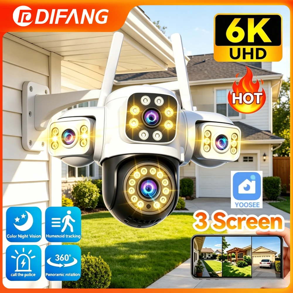 Yoosee 15MP WIFI Security Camera Outdoor AI Human Tracking 3 Lens 3 Screens 360° PTZ Surveillance Full Color Night Vision CCTV