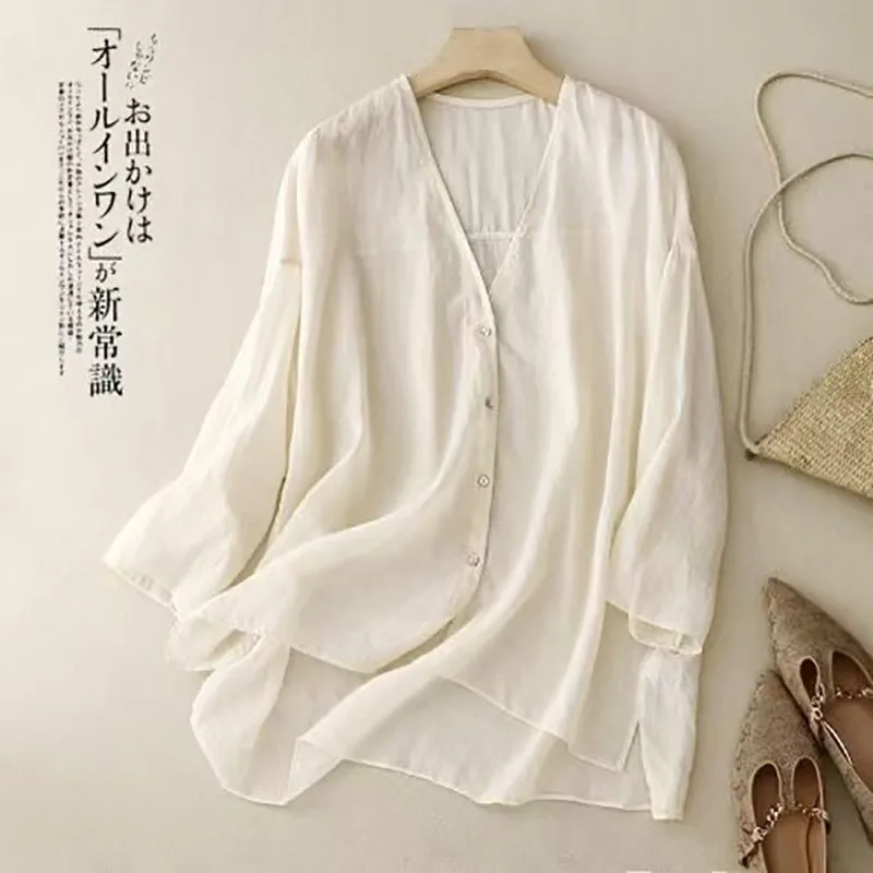 

Тонкая прозрачная хлопково-льняная рубашка с v-образным вырезом на пуговицах, кардиган, женская летняя солнцезащитная накидка, повседневная свободная белая бежевая блузка