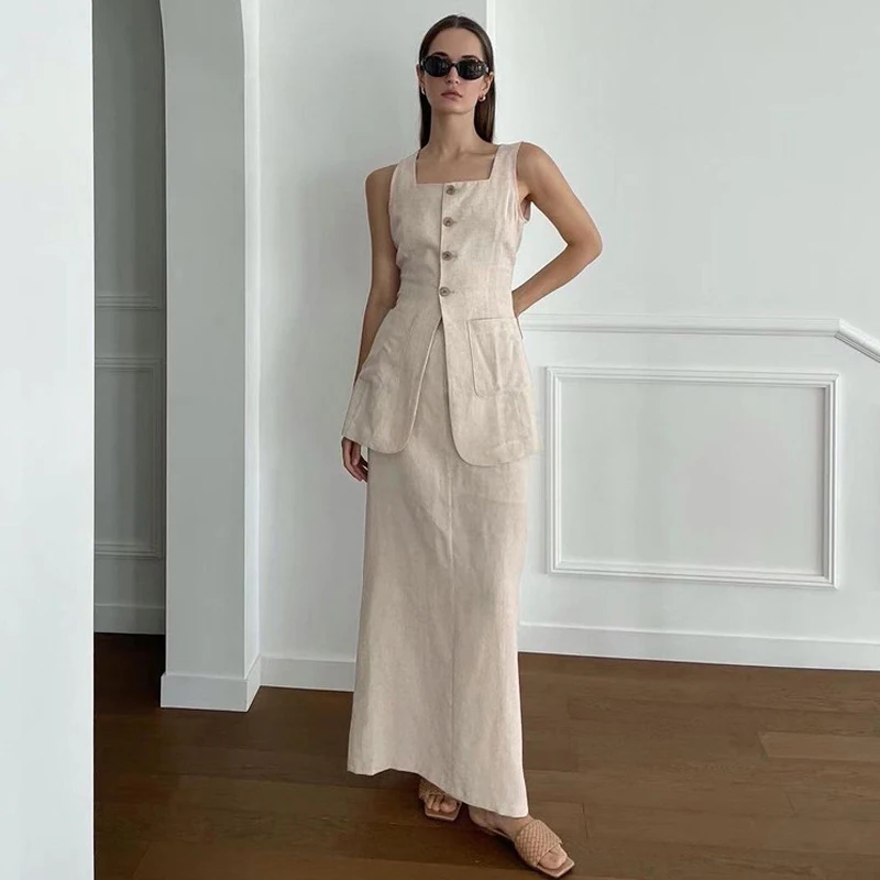 Women Slim Brown Cotton 2 Piece Sets Retro Outfit 2024 Summer Elegant Sleeveless Tank Top With High Waist Long Skirts Suits