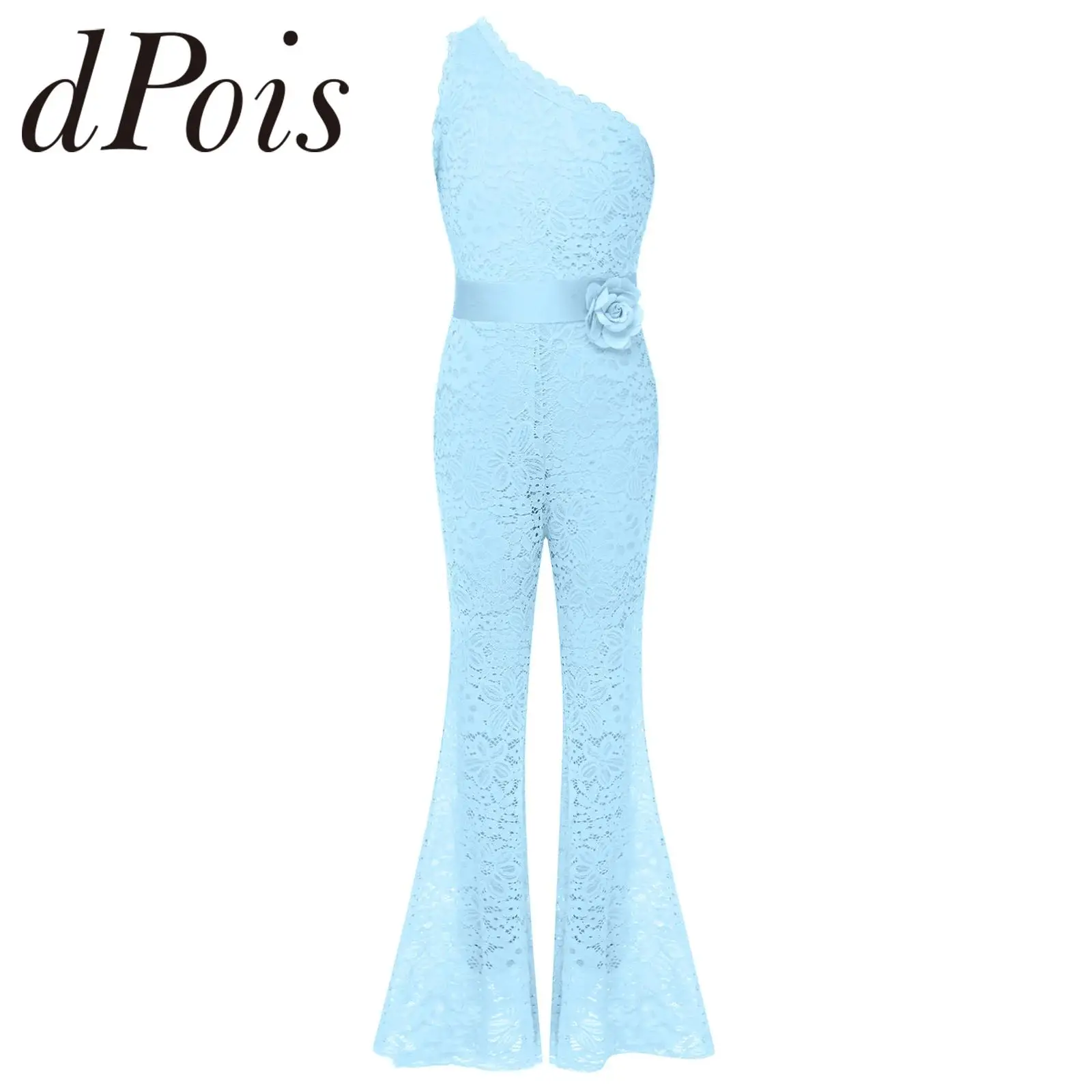 Child One Shoulder Flares Ballet Lyrical Dance Costume Girl's Bell Bottom Flared Jumpsuit Party Kids Girls Floral Lace Rompers