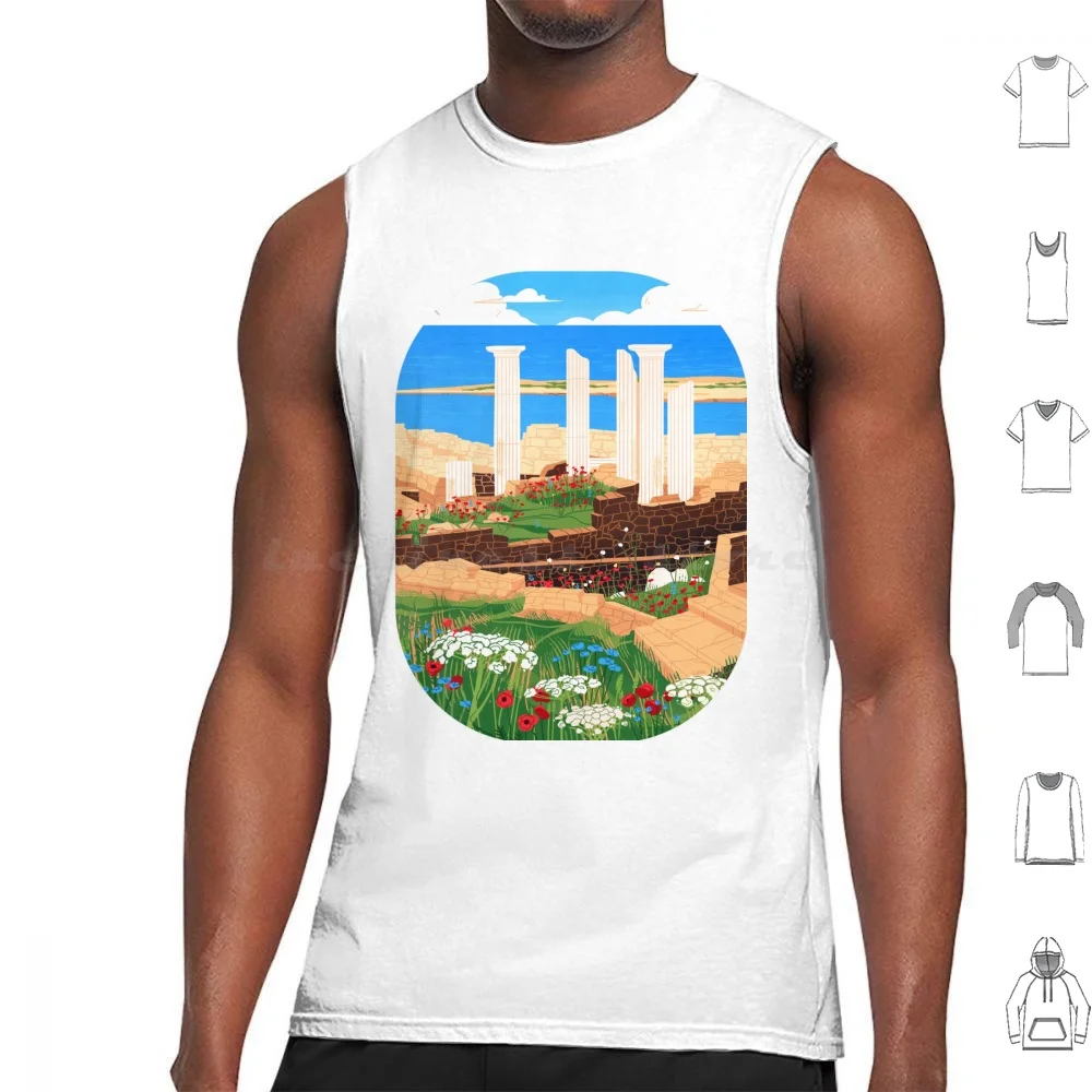 Verano en Delos camisetas sin mangas estampado algodón verano griego Eurosummer historia antigua arqueología griega antigua paisaje marino