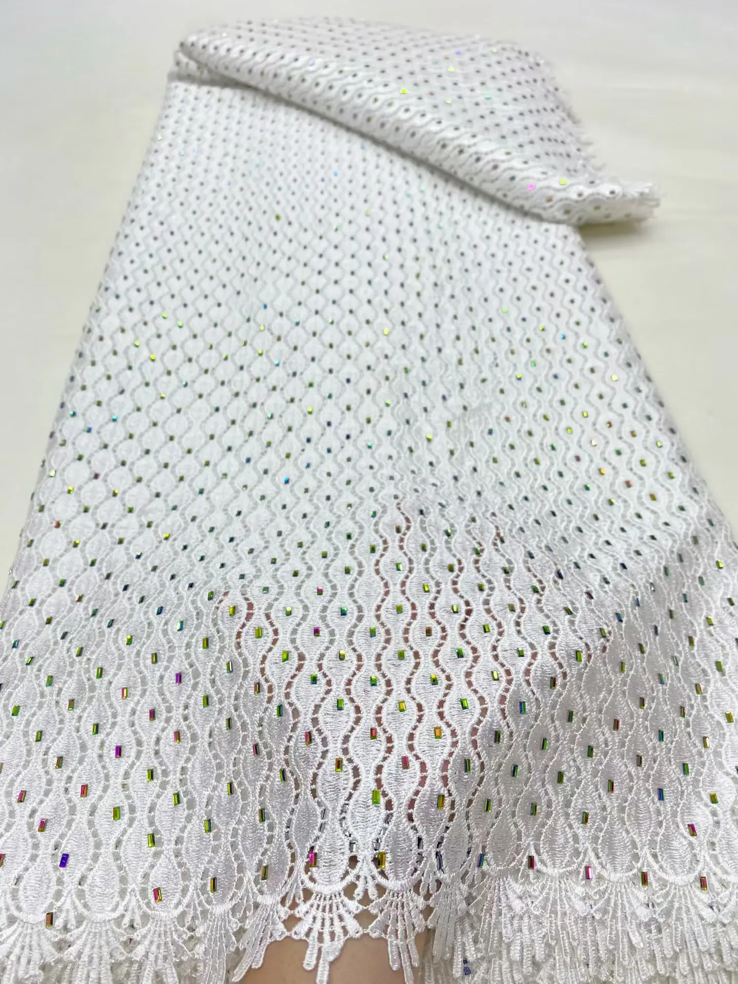 

African Rhinestone Embroidery Lace Fabric,Cotton Fabrics By The Meter,Water Soluble,Wedding Dress,Tulle,High Quality,5 Yards