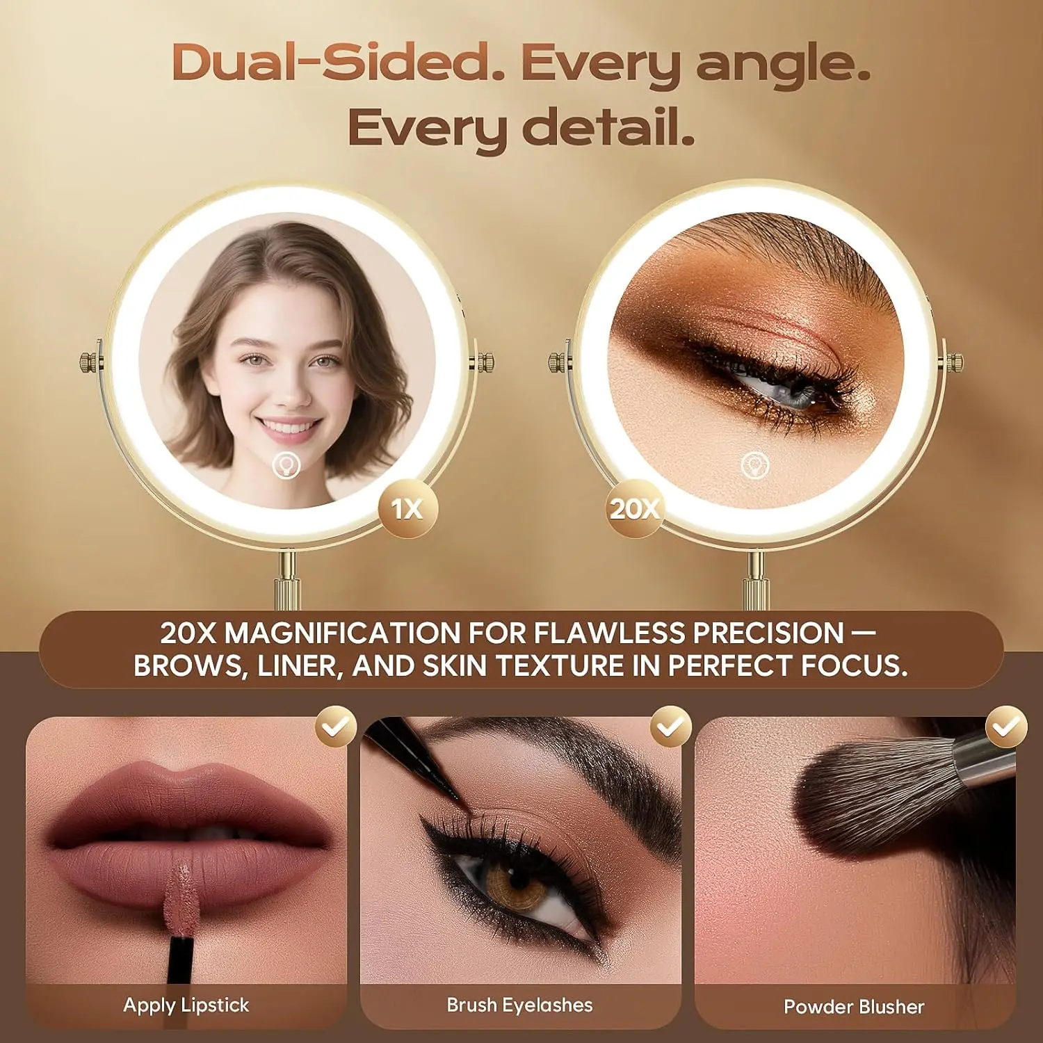 充電式LEDメイクアップミラー、3色の照明、1倍/20倍拡大、360度回転 °   回転、明るさ調整可能