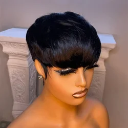 Short Human Hair Wigs with Bangs Short Pixie Cut Wig Human Hair for Women Natural Black Full Machine Cosplay Costume Wigs Lolita
