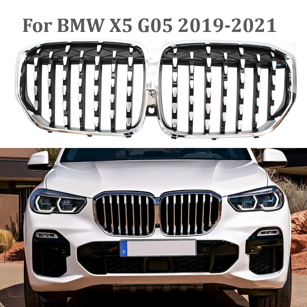 

New X5 Car Front Kidney Grill Racing Grills For BMW X5 G05 2019-2021 Gloss Silver Meteor Diamond Style Grille Auto Accessories