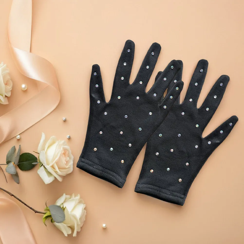 1Pair Figure Skating Stage Gloves Rhinestone Accented Opaque Fabric for Ladies Ice Skating Dance
