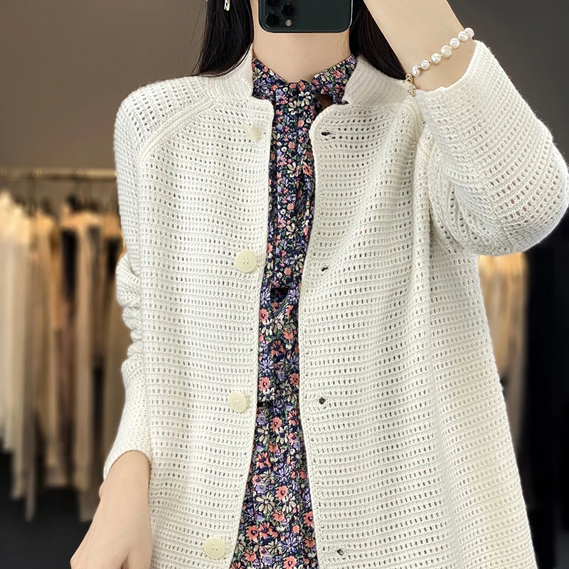 100% Cashmere Women Sweater Autumn Spring New Standing Collar Hollow-out Cardigan Fashion Casual Knitted Soft Jacket Tops