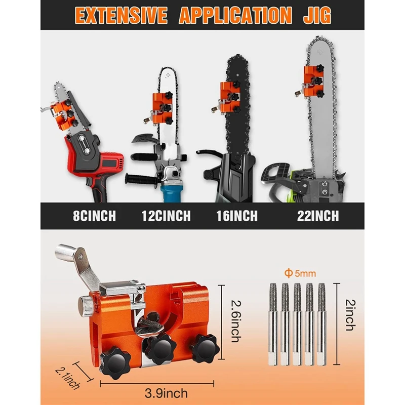 Portable Chainsaw Chain Sharpening Kit Orange Aluminum Alloy With 5 Sharpen Rods For Chain And Electric Saws