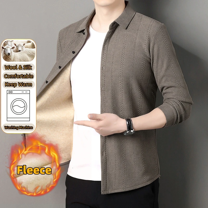 

Men's Wool Winter Dress Shirts Casual Long Sleeve Fleece Tee & Tops Non Iron Elastic Business Skin Friendly Luxurious Silk Shirt