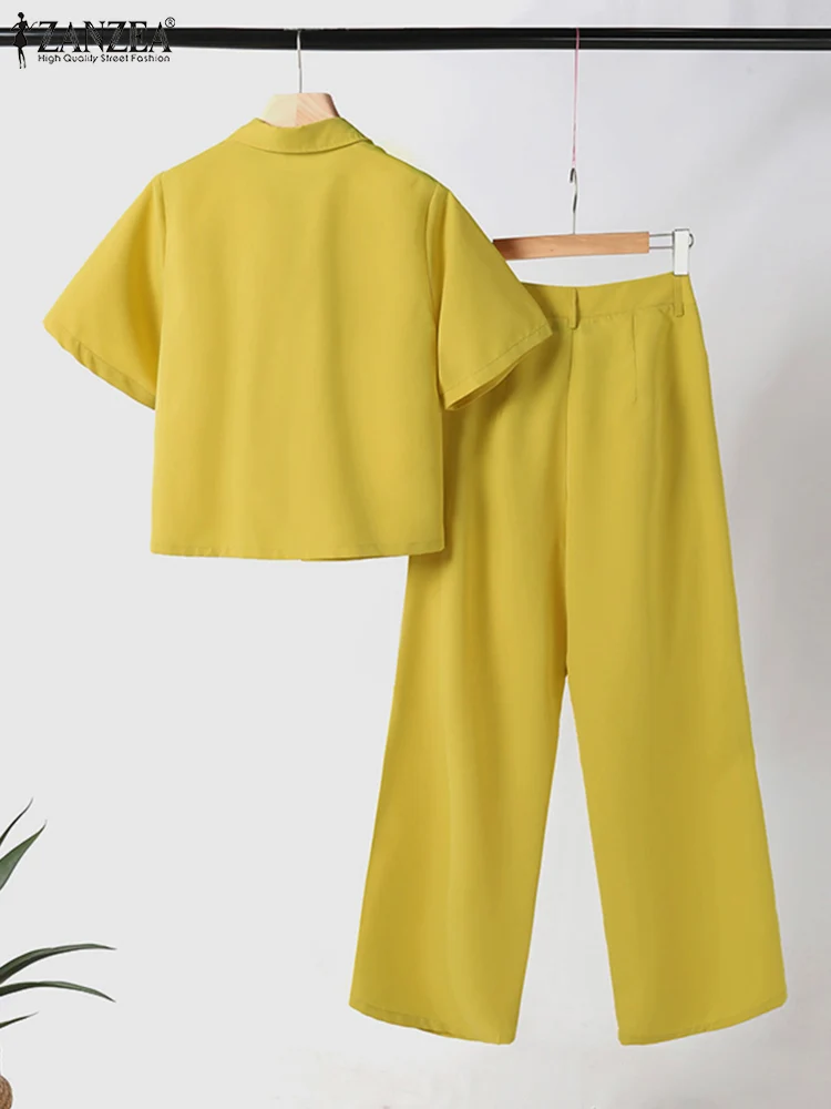 Women Casual Work Pants Sets Tracksuit Solid Outifits ZANZEA Summer Lapel Neck Short Sleeve Shirt Wide Leg Trousers Suits 2PCS