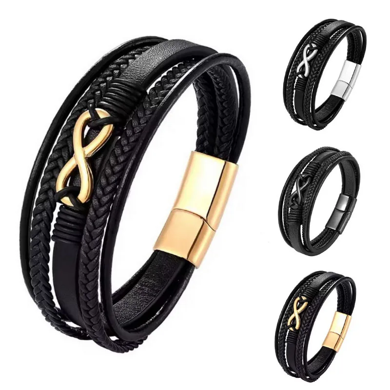 Lucky Infinity Symbol Multi-Layer Braided Leather Bracelet Magnetic Clasp Cuff Bracelets for Men Hand Jewelry Casual Accessories