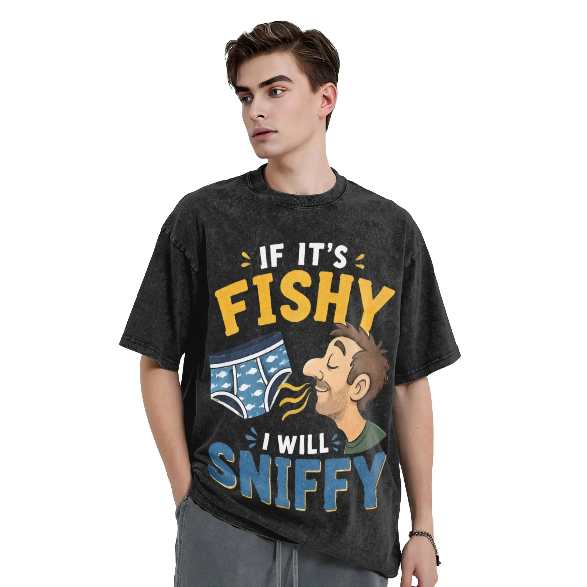 If It's Fishy I Will Sniffy Meme Vintage Washed T-Shirt For Men Women Cotton Top Tee Streetwear  Round Neck Short Sleeve