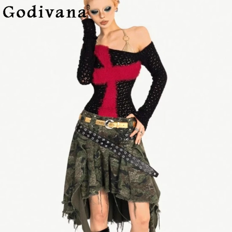 

Spring New Black Red Punk Long Sleeve Hollow out Knitted Sweater Sexy Women Slim Splicing Versatile Fashion Street Tops