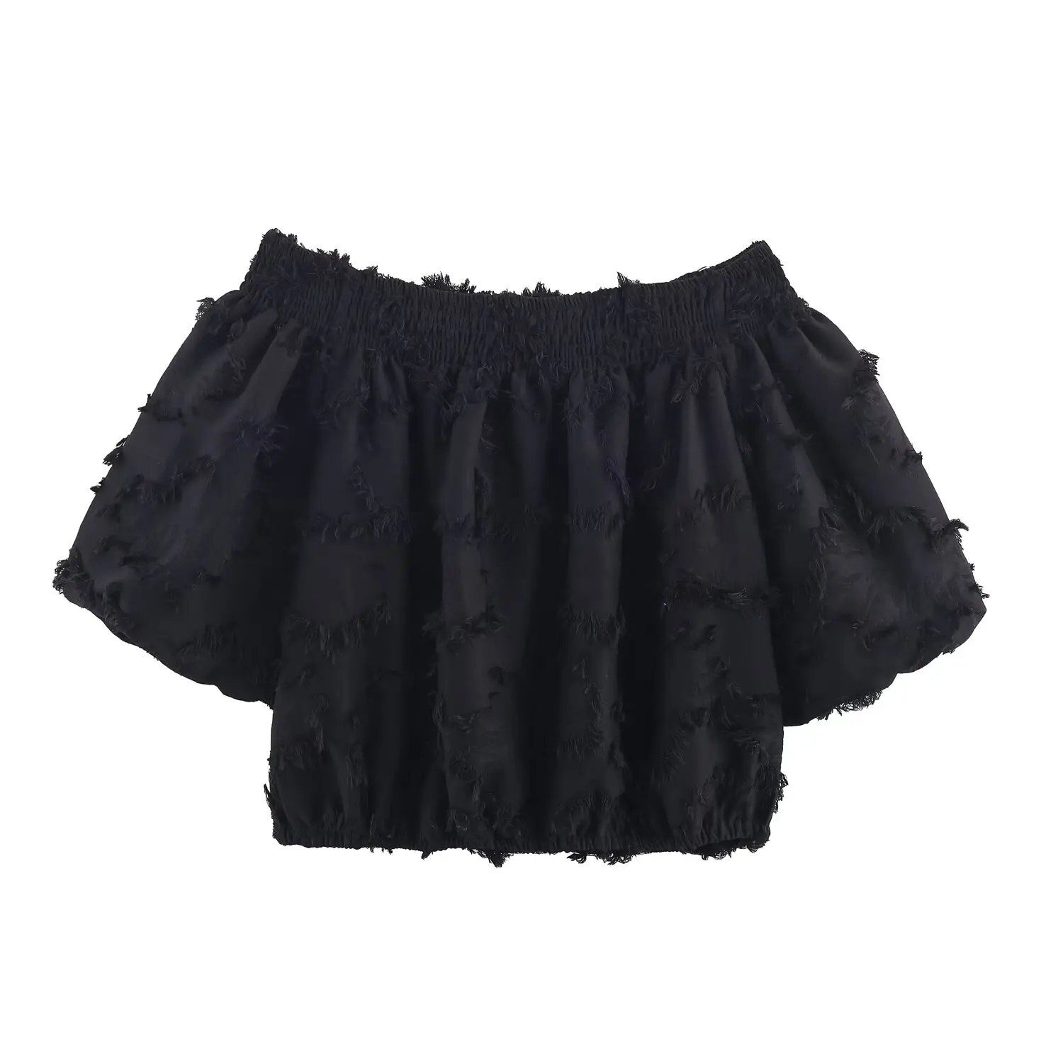 

New Women's Fashion: European & American Style Elastic Collar, Frayed Bubble Sleeves Loose-Fit Top