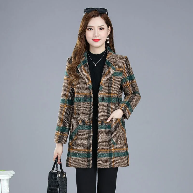 Autumn Winter Woolen Coat Women's 2024 New Fashion  Mid-Elderly Mothers Wear  Plaid Cotton Trench Coat Female Outwear Jackets