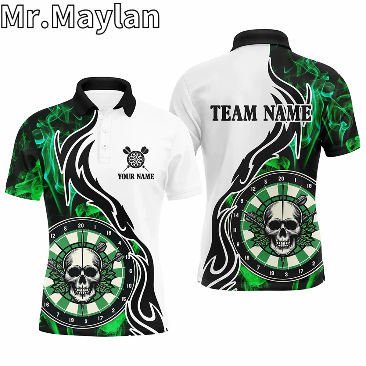 3D Green Darts Board Smoke Custom Name Mens Darts Sports Polo Shirts Skull Darts Team Jerseys Outfits Prezenty dla miłośników rzutek