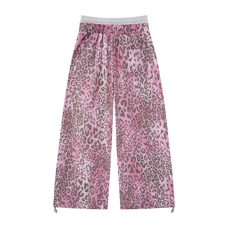 MWJLPWQ American Hip-Hop Loose Leopard Print Straight-Leg Sweatpants Men Trendy Color-Blocking Double Waistband Trousers 20752