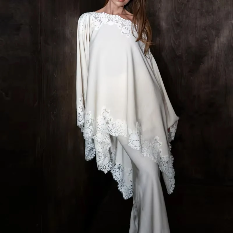 

Sexy Lace Patchwork White Skirt Outfits Elegant Slash Collar Tops with Long Skirt Suit Women Fashion Temperament Loose 2Pc Sets