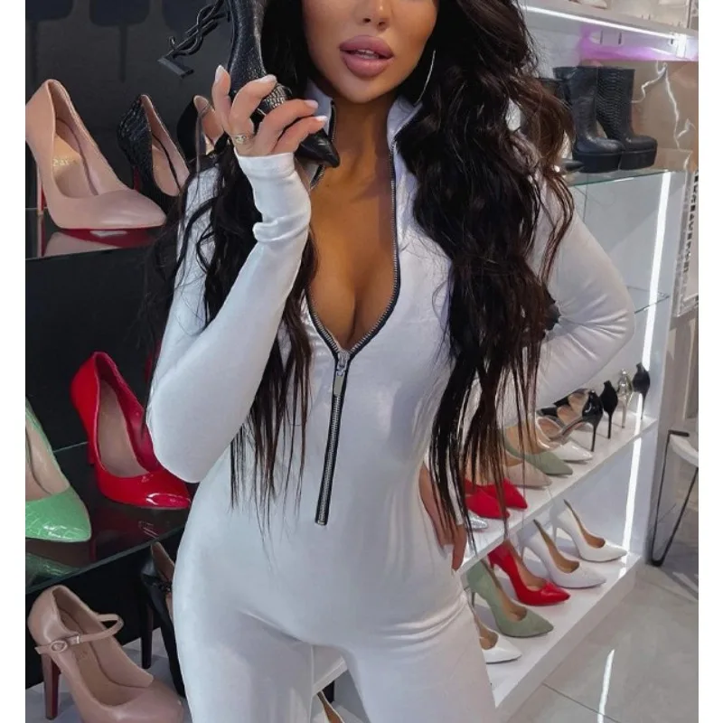 

Krisnanas White Woman Jumpsuits 2025 Skinny Workout Long Sleeve Zipper Solid Color O-neck Sportwear Jumpsuit Female 116697
