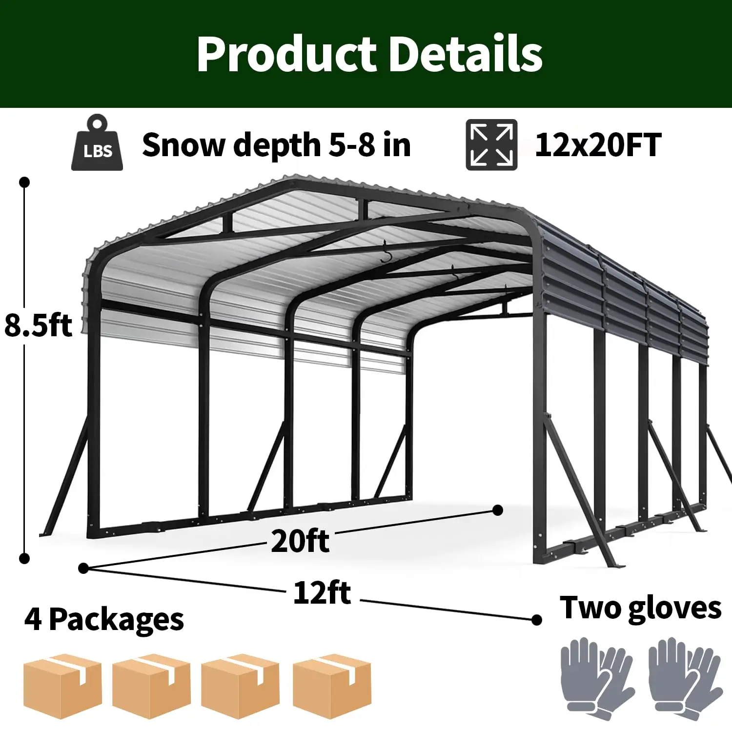12x20 FT Metal Carport, Heavy Duty Outdoor Shelter with Galvanized Steel Frame & Roof, Pre-Drilled All-Weather Canopy Customized