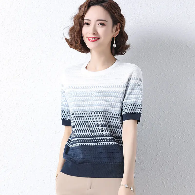 Elegant Fashion Harajuku Slim Fit Female Clothes Loose Casual Sweat All Match Tops Women Patchwork Stripe Short Sleeve T-shirts