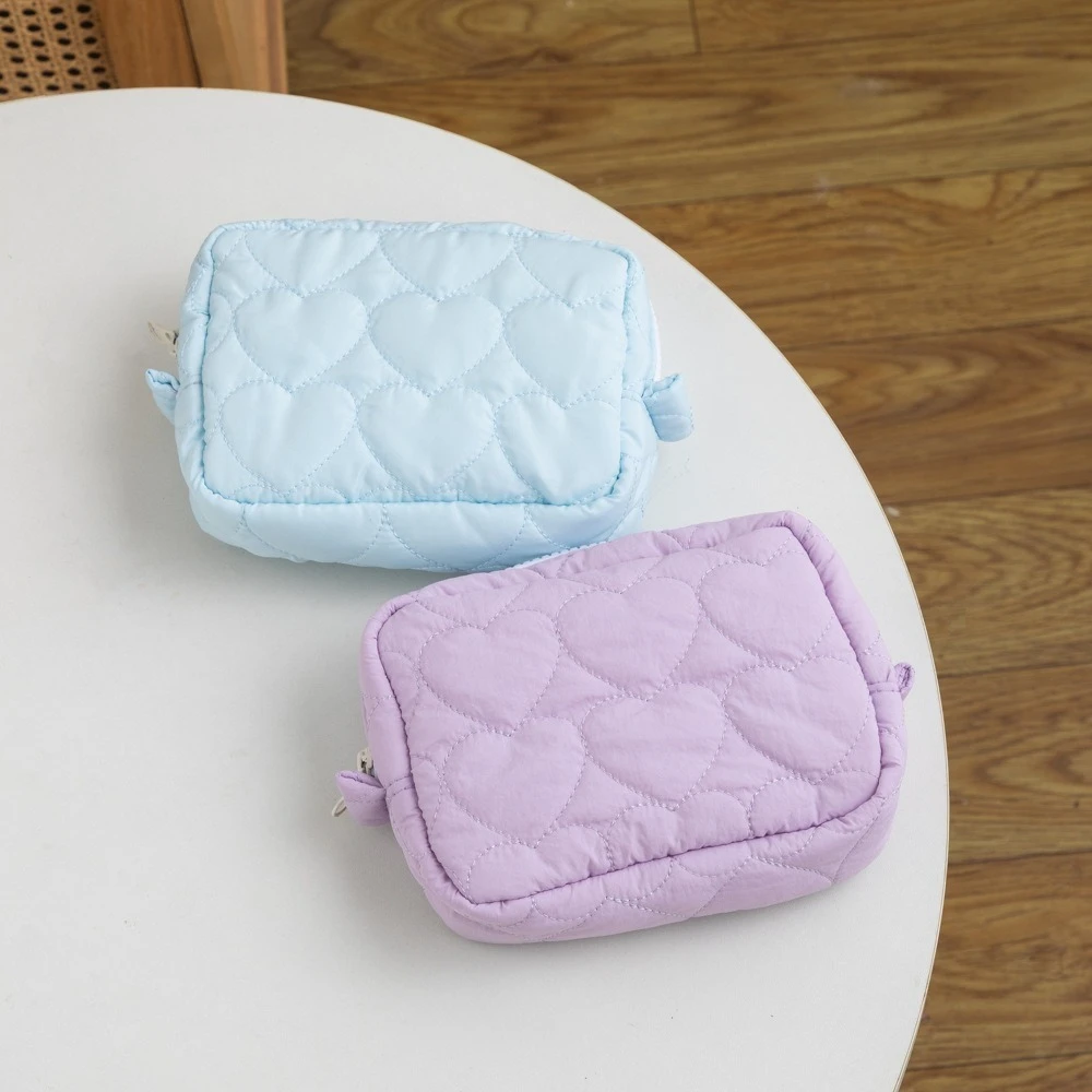 Women Cosmetic Bag Candy Color Cute Storage Bag Mini Portable Cotton Filled Quilted Love Hand held Makeup Storage Bags Ladies