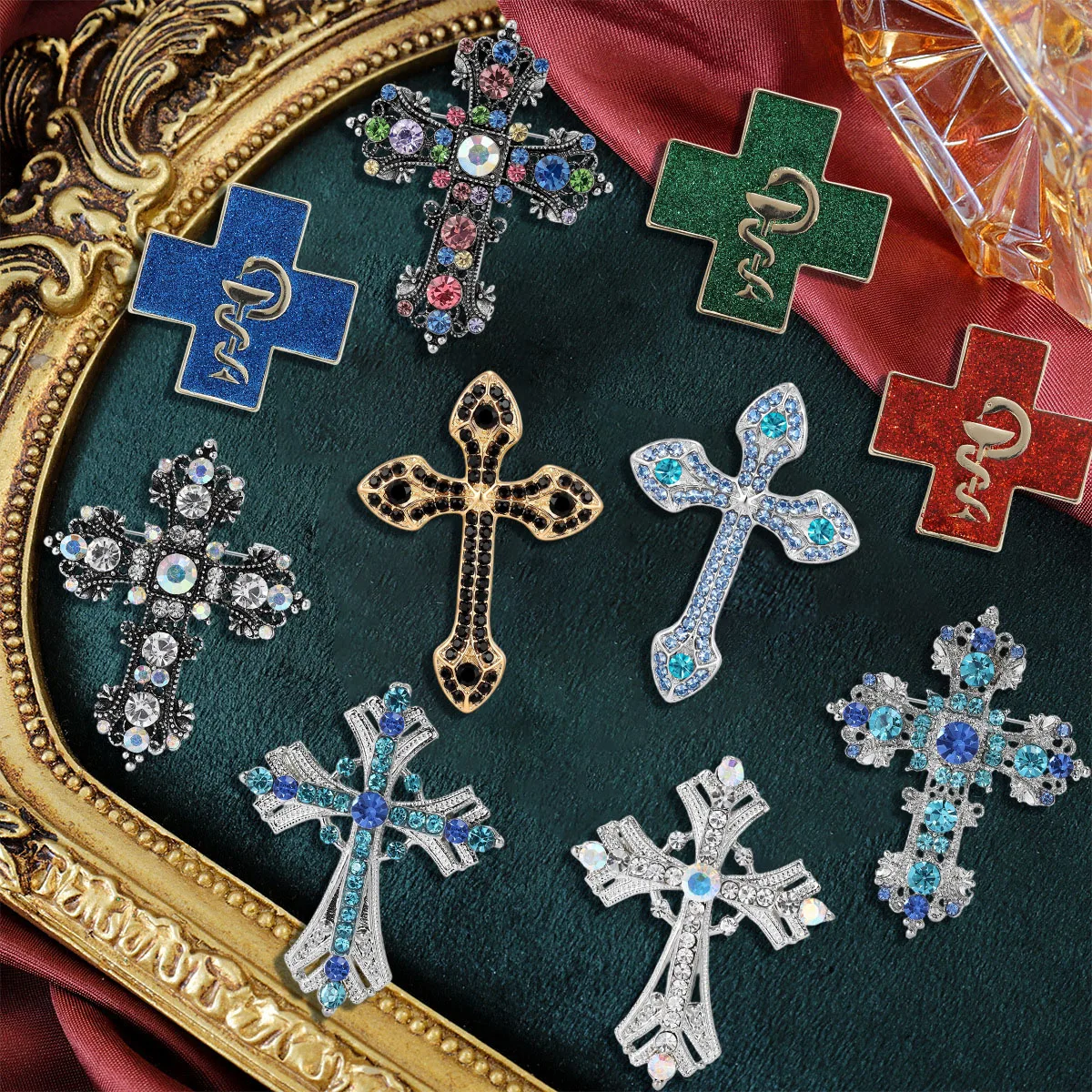 New creative alloy diamond studded cross brooch, light luxury, high-end and versatile clothing accessories wholesale