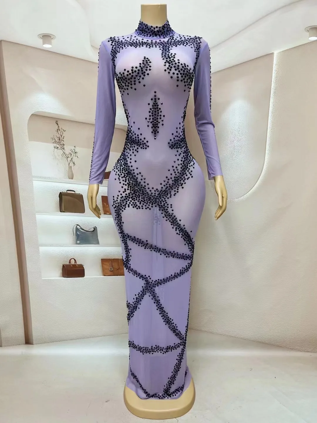 

Black Rhinestones Long Sleeves Evening Dress Skinny Luxurious Sexy Big Stretch Purple Costume Prom Performance Dresses zhima