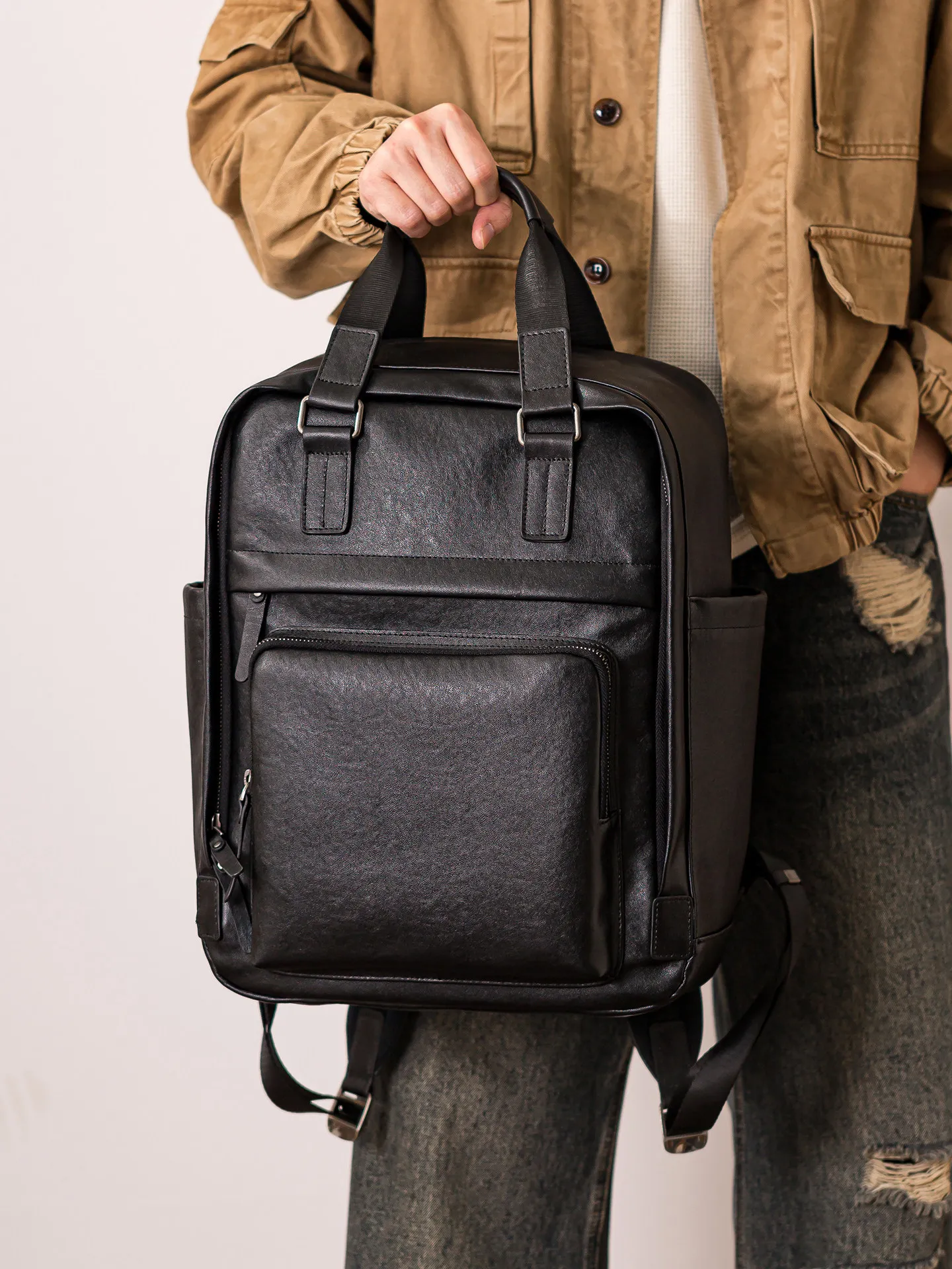 

Business casual commuting genuine leather men's black backpack outdoor daily work real cow leather multifunctional handbag