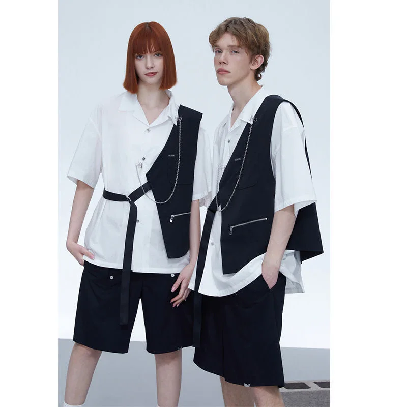 Unisex Men Boy Ins Chic Y2K 2pcs Sets Shirts Tops Male Gothic Punk Hippie Party Nightclub Blouse Vest Suit BF Trendy Streetwear