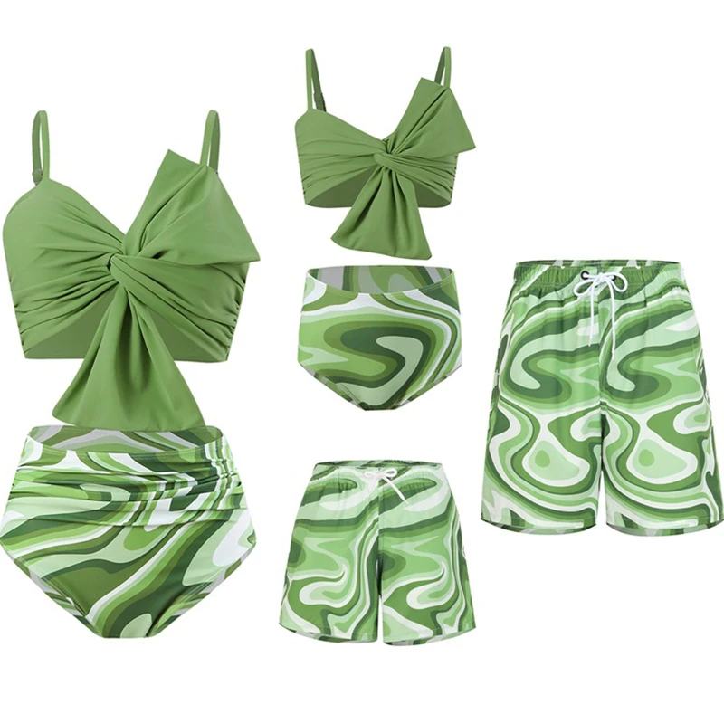 Leaf Print Swimwear Family Matching Outfits Look Mother Daughter Bikini Swimsuits Mommy and Me Clothes Dad Son Swimming Trunks