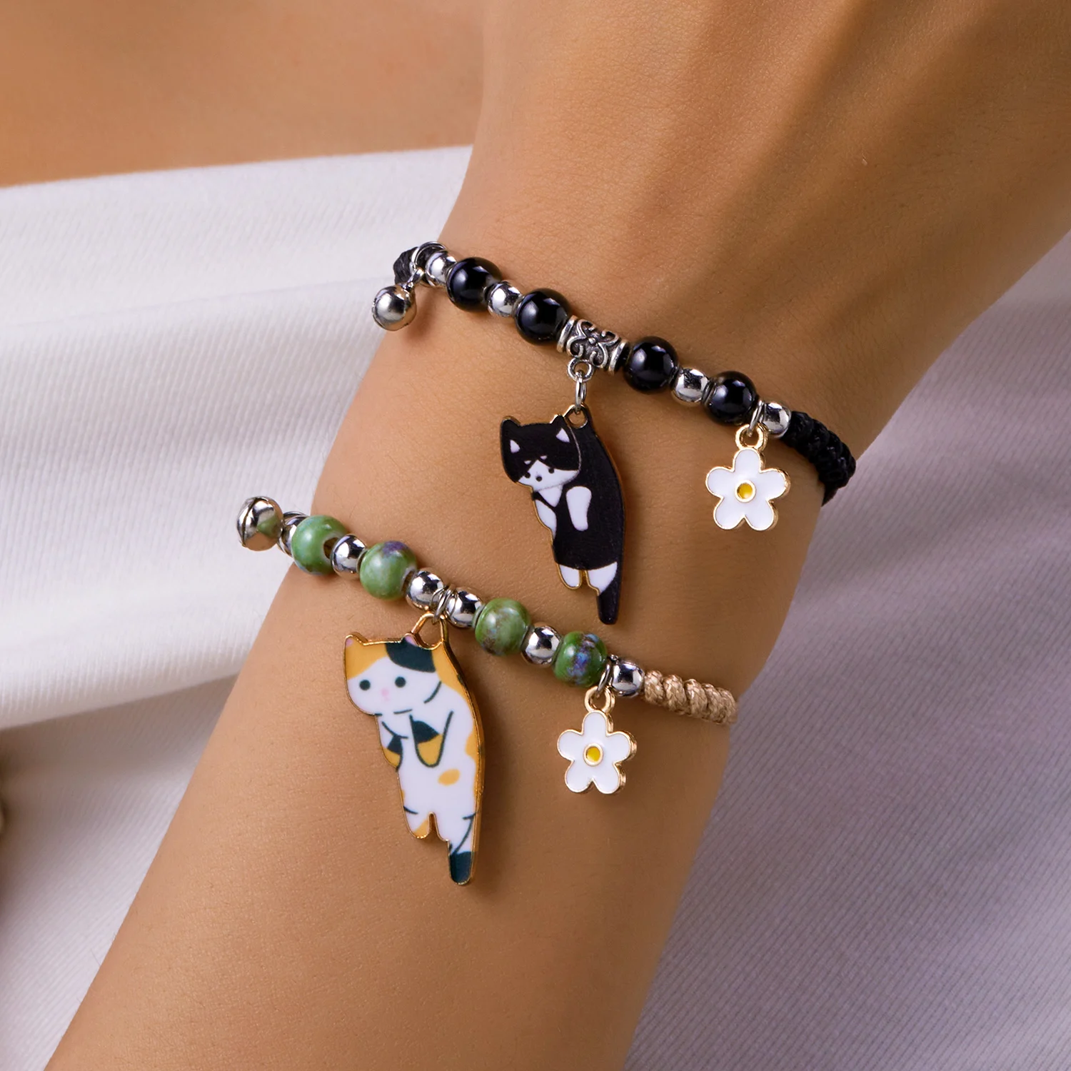 Cartoon Enamel Animal Cat Flower Bracelet for Girl Kids Women Charm Pet Pendant Strap Rope Bracelets Handmade Friendship Jewelry