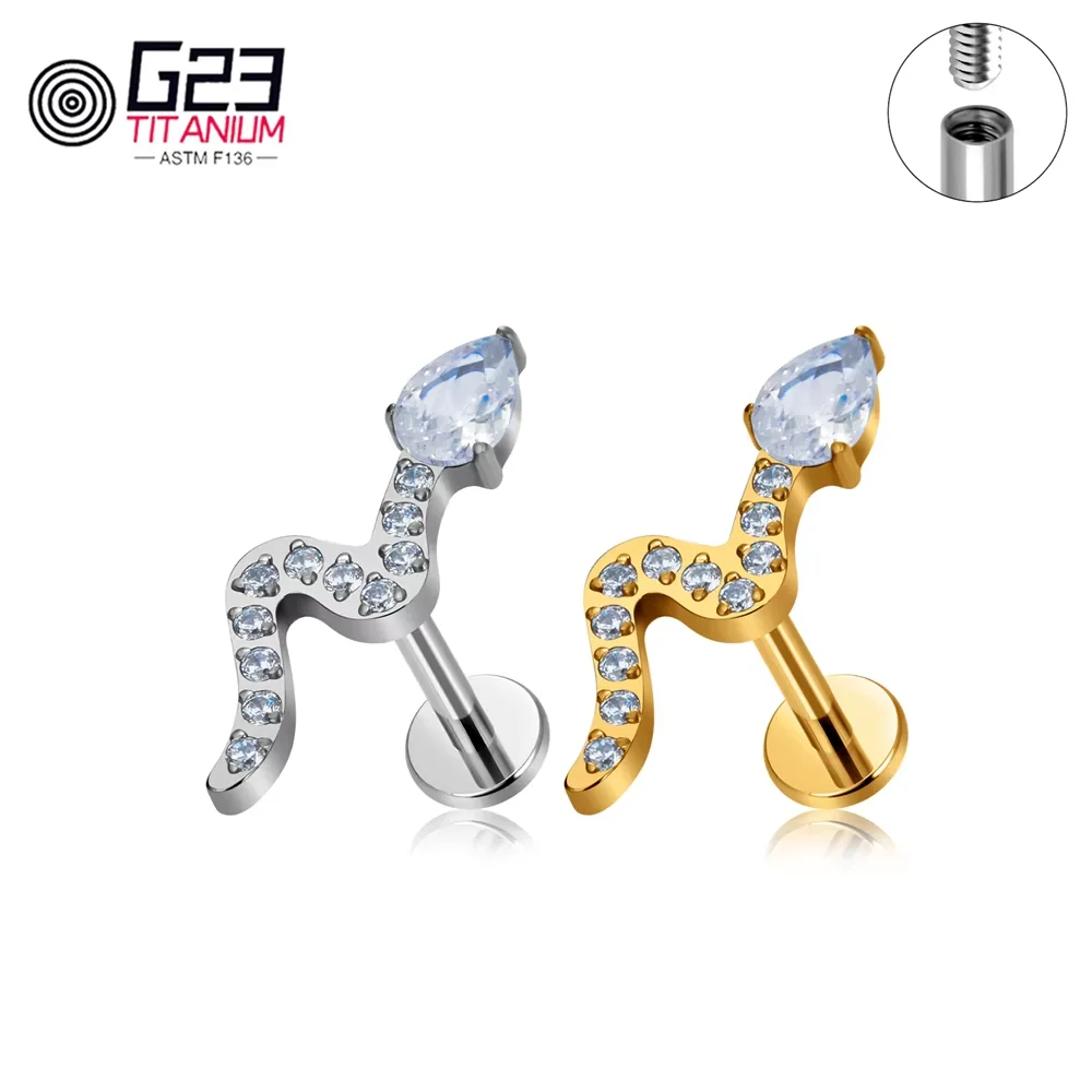 G23 Titanium Piercing 16G Snake Shape Internal Threaded Nose Earrings Cartilage Helix Body Jewelry