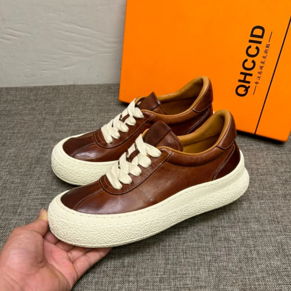

New men's leather fashion water-washed horsehide casual shoes for men - trendy high street retro thick-soled shoes