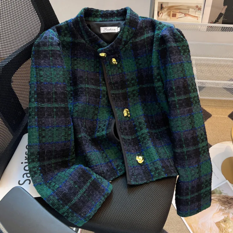 High Quality Green Plaid Tweed Jacket For Women Fall Winter French Retro Ladies Western Woolen Short Coats Fashion Outerwear