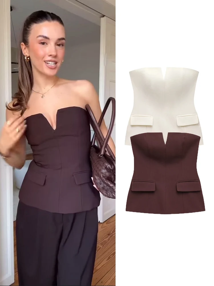 TRAF Elegant Women Cropped Tube Tops Off Shoulder Slim Backless Sleeveless Vest 2025 Summer Lady Office Solid Corset Tanks