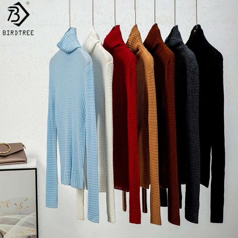 

Birdtree 100% Sheep Wool Knitted Solid Undershirt,Women Turtleneck Full Sleeve Sweater,2025 Autumn Warmth Pullover T59820JF