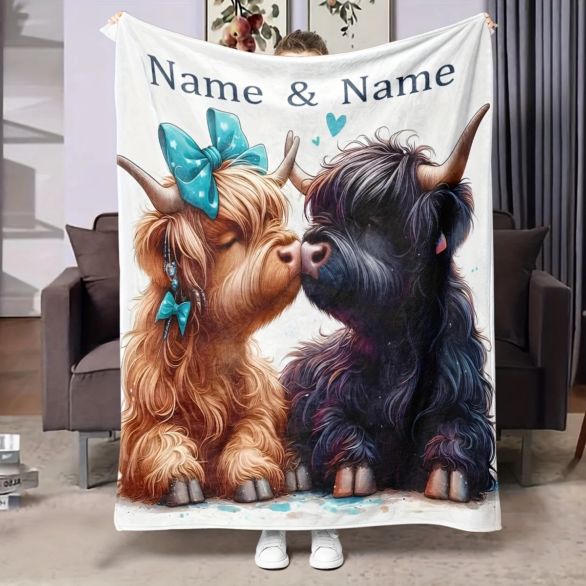 Personalisierte Highland-Kuhdecke mit Namen, personalisierter Text, bequeme Flanelldecke, geeignet für alle Jahreszeiten