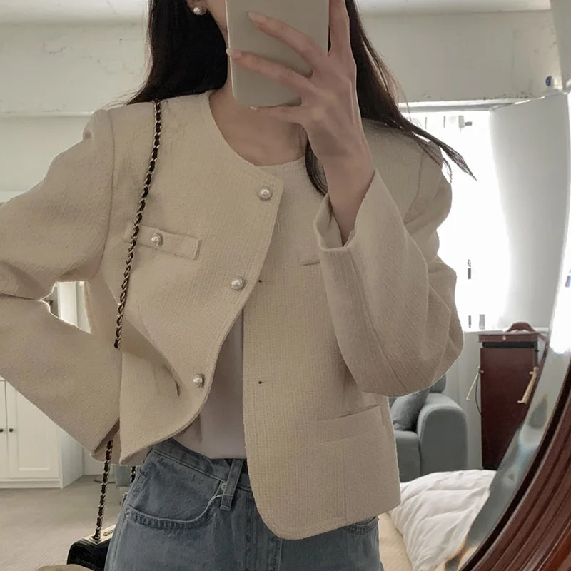 

Куртка Осенняя ароматная с круглым вырезом и жемчугом, однобортное, короткое, с длинными рукавами, грубое шерстяное пальто, женское