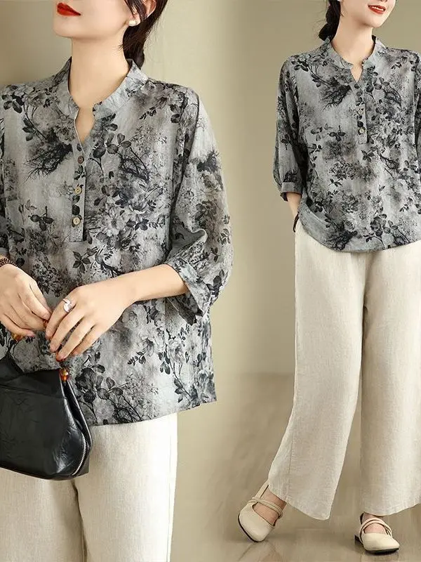 

Summer 2026 Vintage Cotton Linen Loose Printed Floral Women's Shirt Artistic Personality Mom Fashion Casual V-neck Seven-sleeve