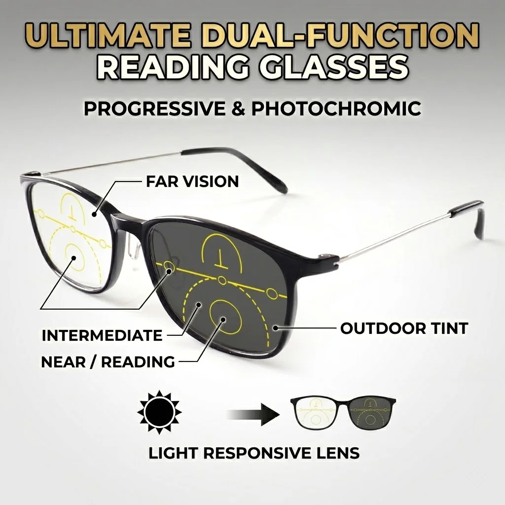 Progressive Multifokal-Lesebrille, photochrom, für Damen und Herren, flexible Bügel, Blaulichtfilter, Computer-Presbyopie-Brille