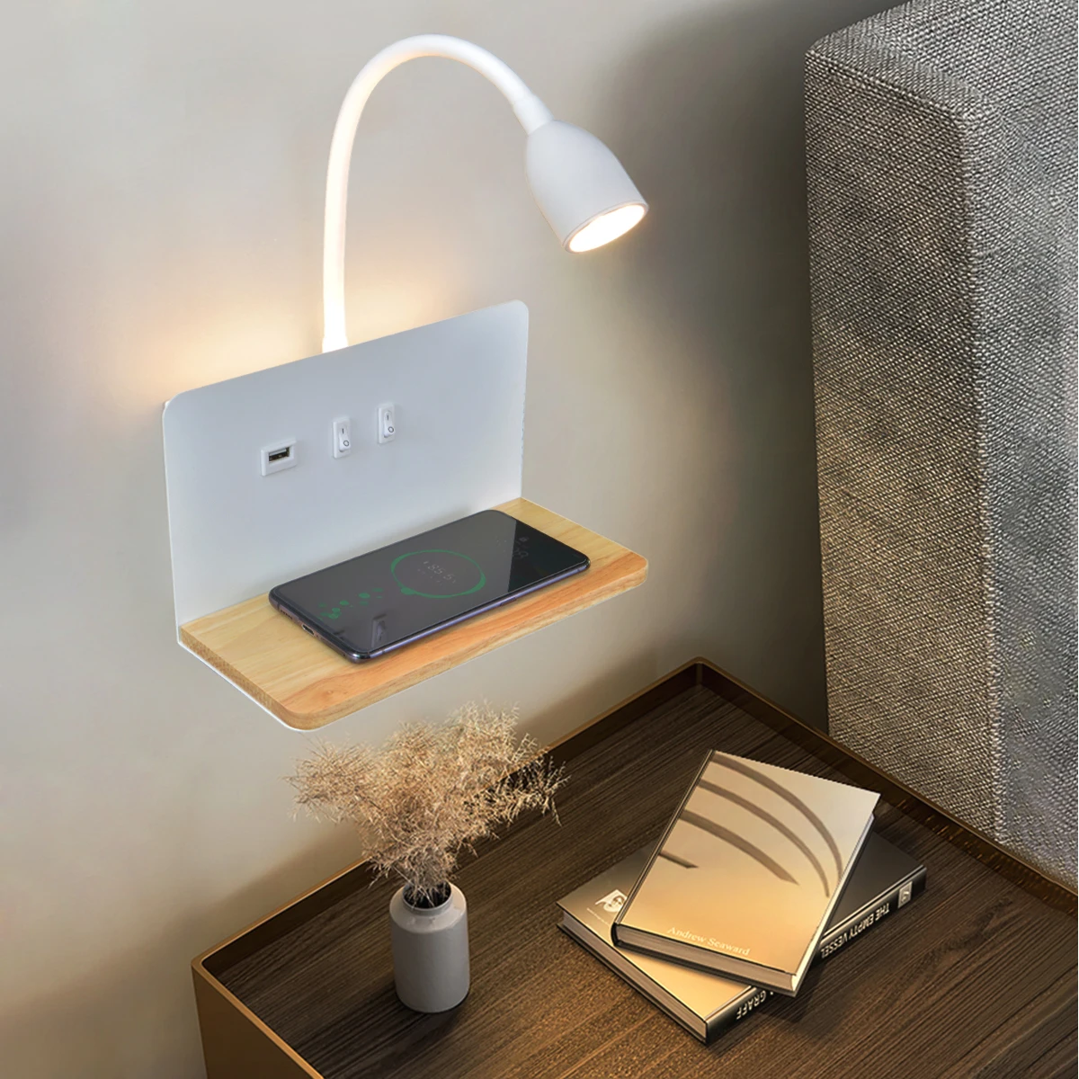 Lámpara LED de pared de madera para interiores, iluminación moderna e inalámbrica con interruptor USB para lectura, luz de pared de 8W para sala de