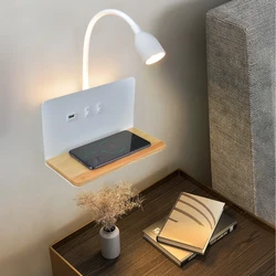 Carregamento Sem Fio De Madeira Interior LED Lâmpada De Parede, USB Interruptor de Iluminação, Cabeceira Decoração, Luz De Leitura, Sala De Estar, 8W, Moderno