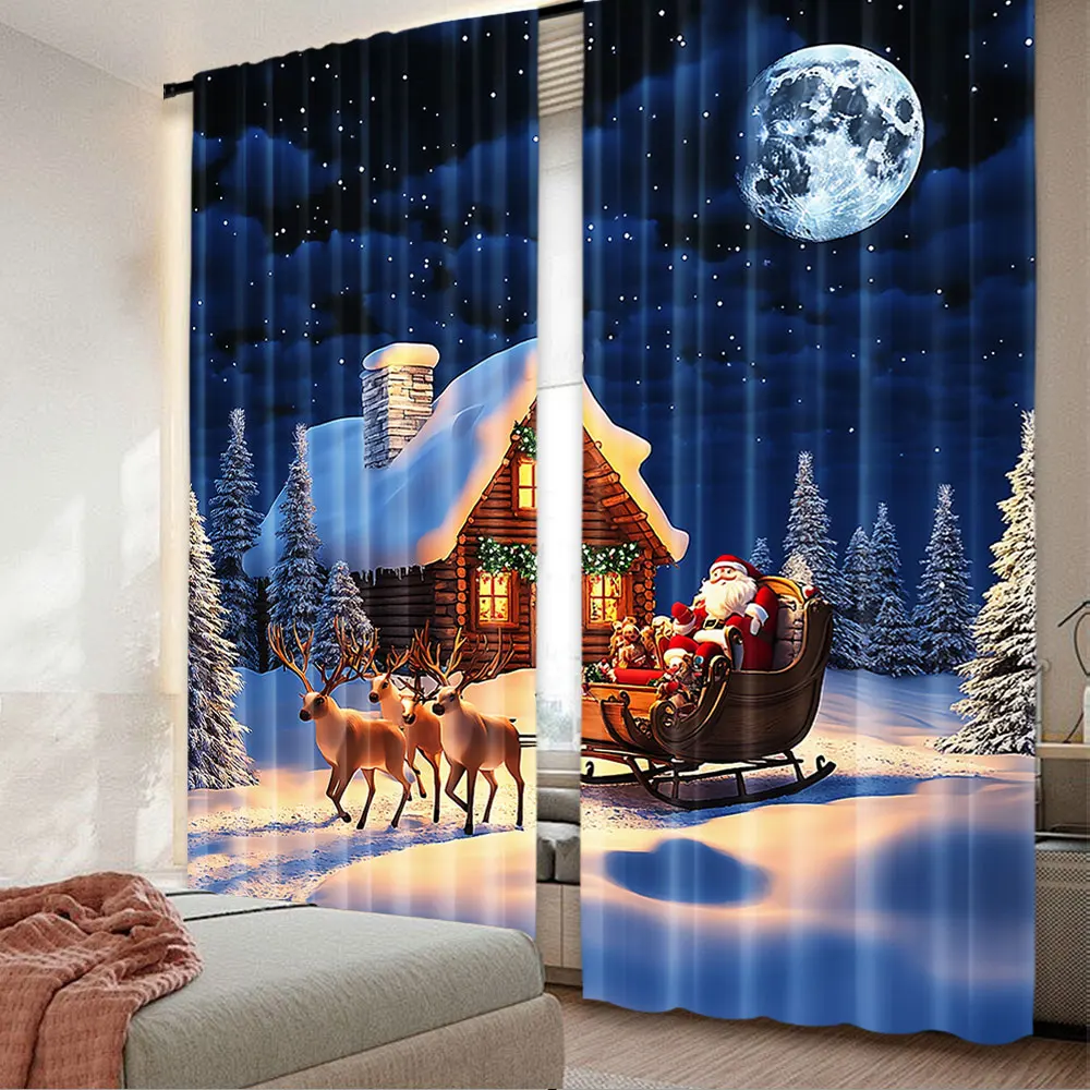 2Pcs Christmas Curtains Santa Claus Riding Sleigh Reindeer Wooden House White Winter Suitable For Bedroom Living Room Dining