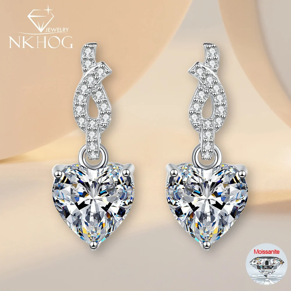 

NKHOG 8mm Heart Moissanite Drop Earrings For Women 925 Sterling Silver D VVS1 Diamond Wedding Ear Stud Party Gifts Jewelry GRA