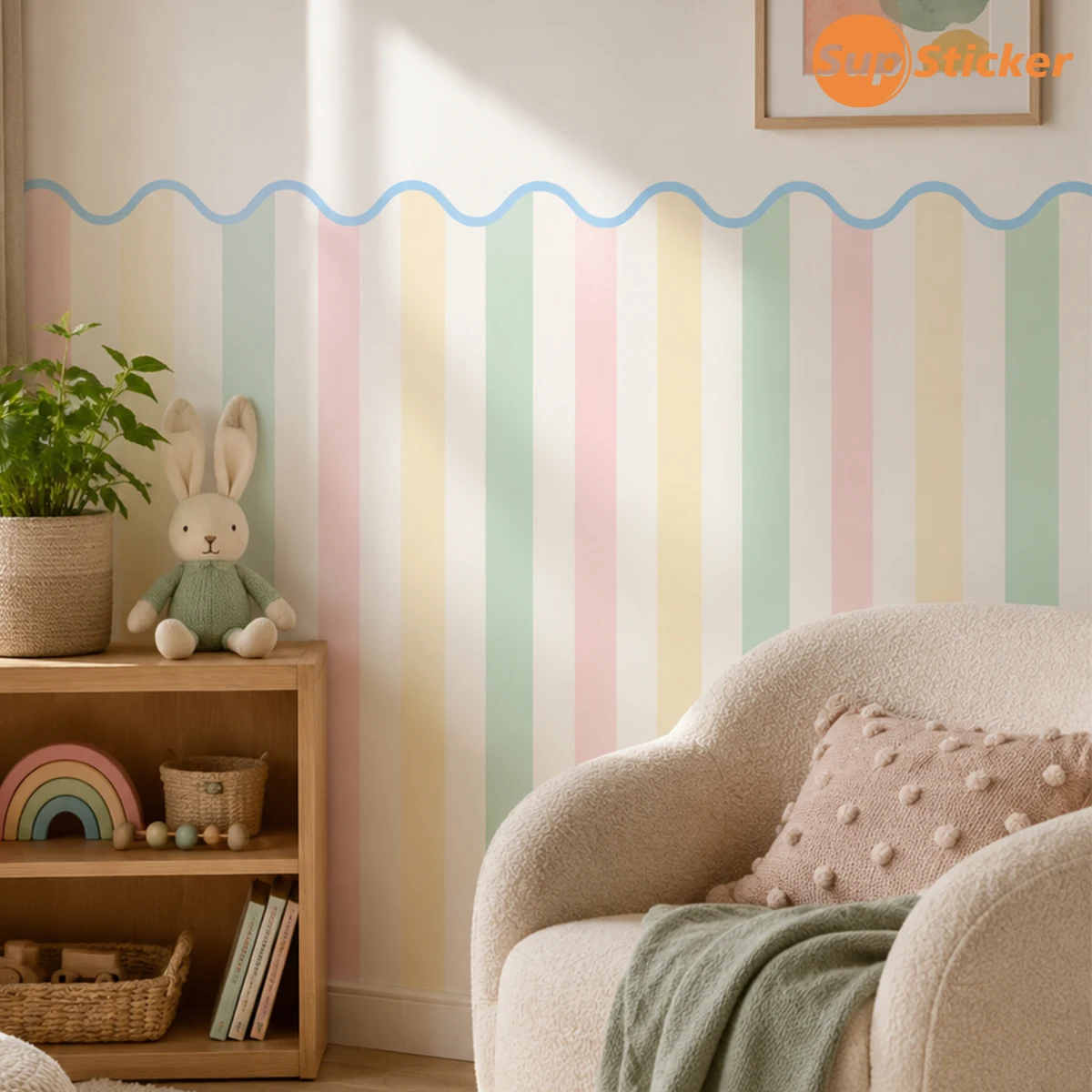 Pastel Multi-color Striped Scalloped Wall Decals, PVC Self-adhesive Removable Stickers for Wall, Entryway, Desk, Accent Decor